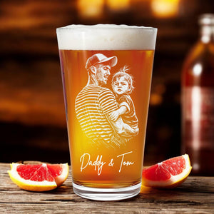 Personalized Father's Day Gift for Dad, Dad Photo with Kids Engraved, Etched Portrait Pint Glass, Papa Gift, Unique Dad's Birthday Gift