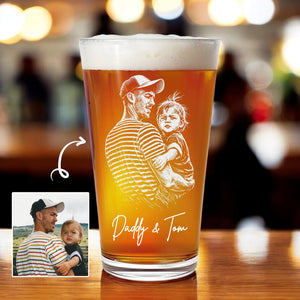 Personalized Father's Day Gift for Dad, Dad Photo with Kids Engraved, Etched Portrait Pint Glass, Papa Gift, Unique Dad's Birthday Gift