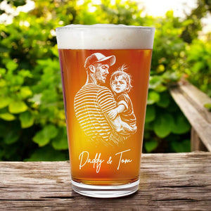 Personalized Father's Day Gift for Dad, Dad Photo with Kids Engraved, Etched Portrait Pint Glass, Papa Gift, Unique Dad's Birthday Gift