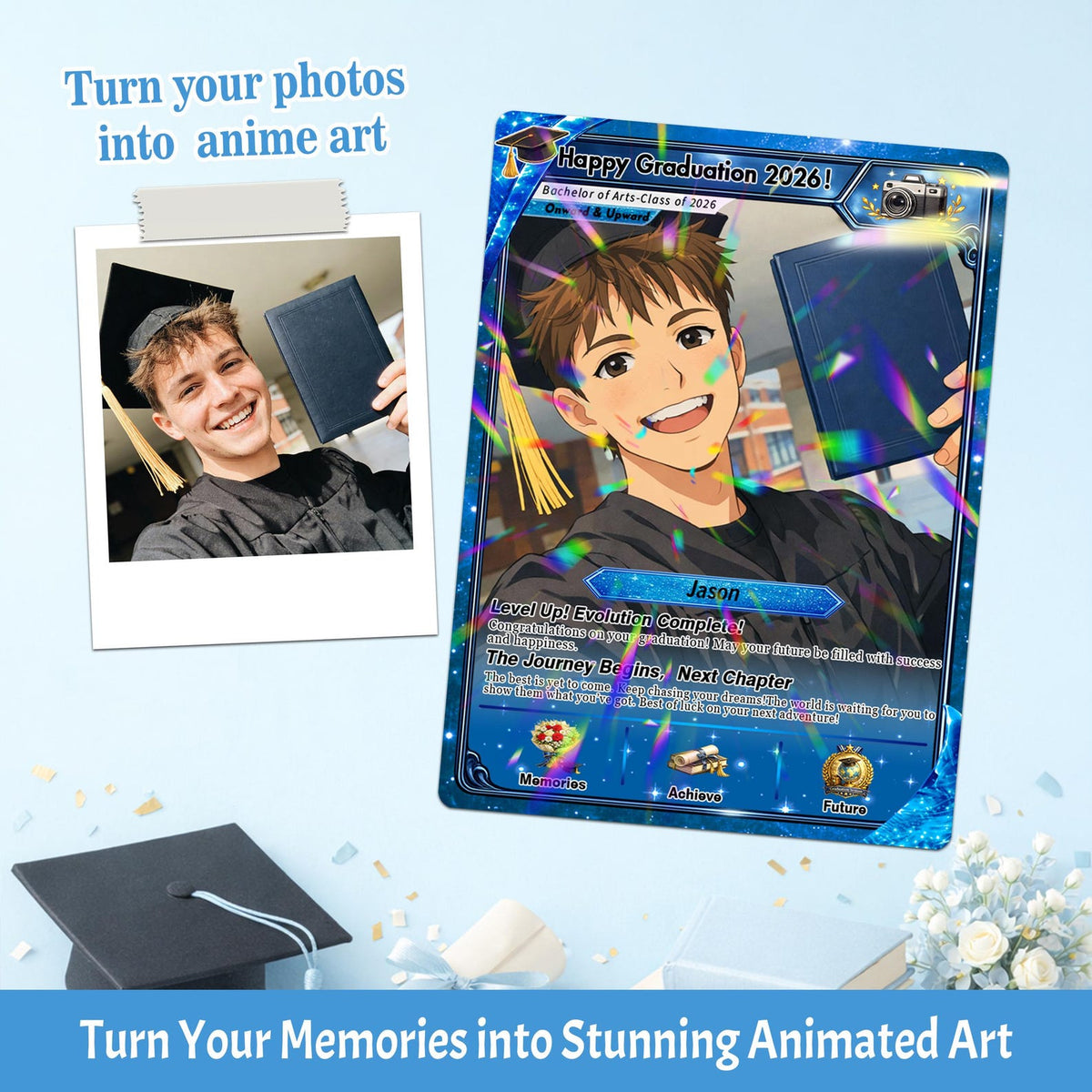 Personalized Poke Graduation Card, Custom Grad Portrait, Gift for Graduates, Class of 2026, College Grad Gift, Anime Graduation Card