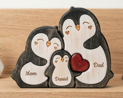Personalized Penguin Family Wooden Puzzle, Custom Name Animal Family Decor, Mom Keepsake Gift, Mothers Day Gift, New Mom Desk Decor