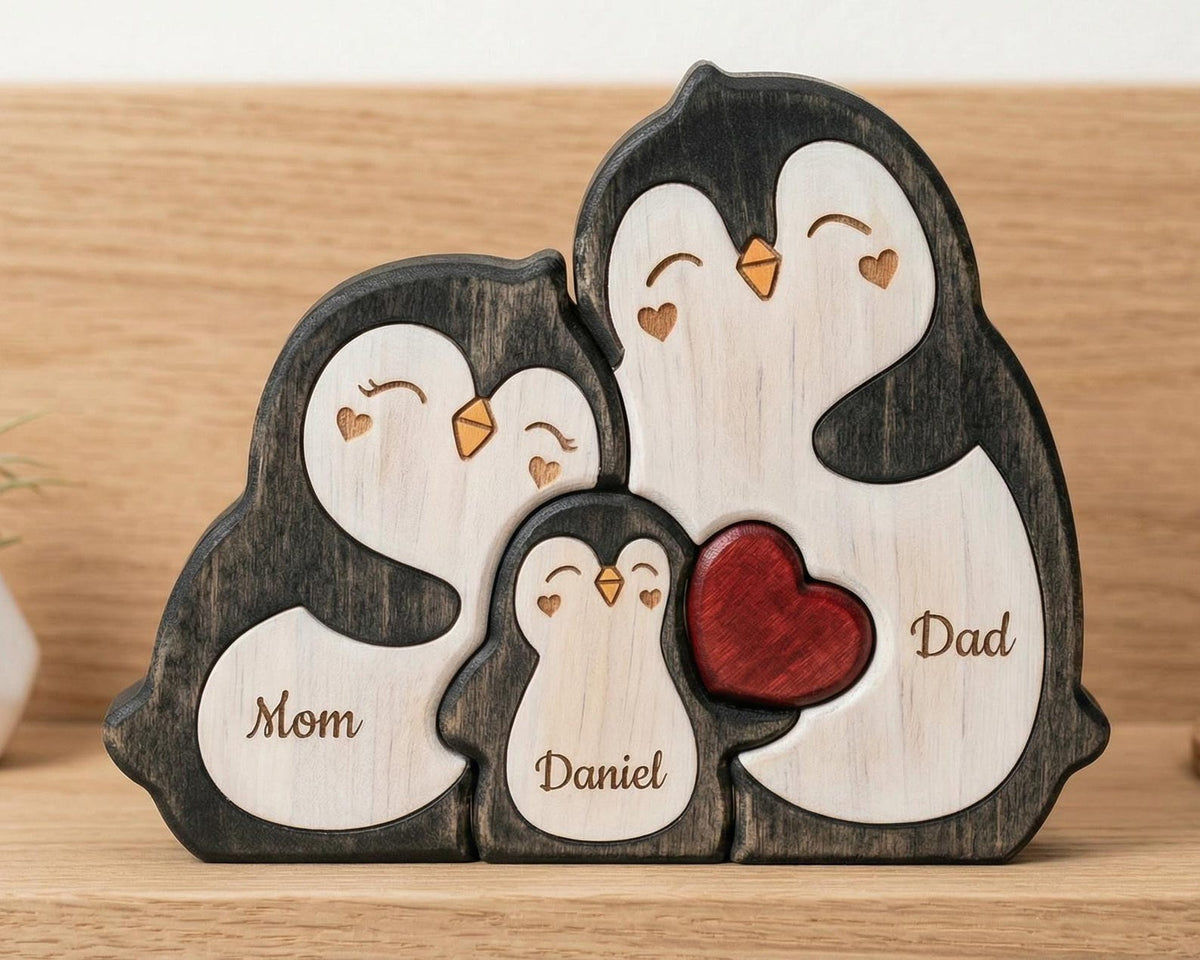 Personalized Penguin Family Wooden Puzzle, Custom Name Animal Family Decor, Mom Keepsake Gift, Mothers Day Gift, New Mom Desk Decor