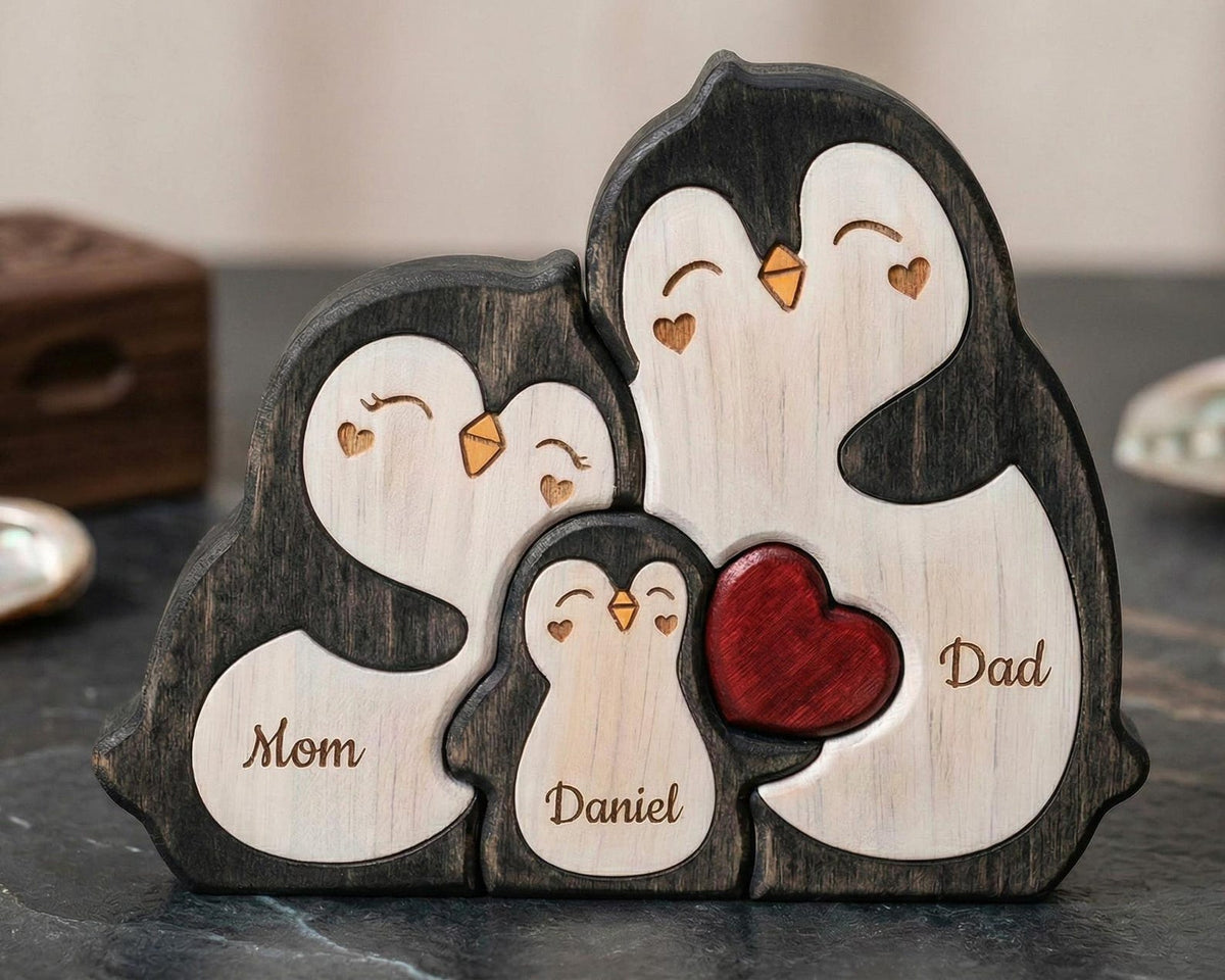 Personalized Penguin Family Wooden Puzzle, Custom Name Animal Family Decor, Mom Keepsake Gift, Mothers Day Gift, New Mom Desk Decor