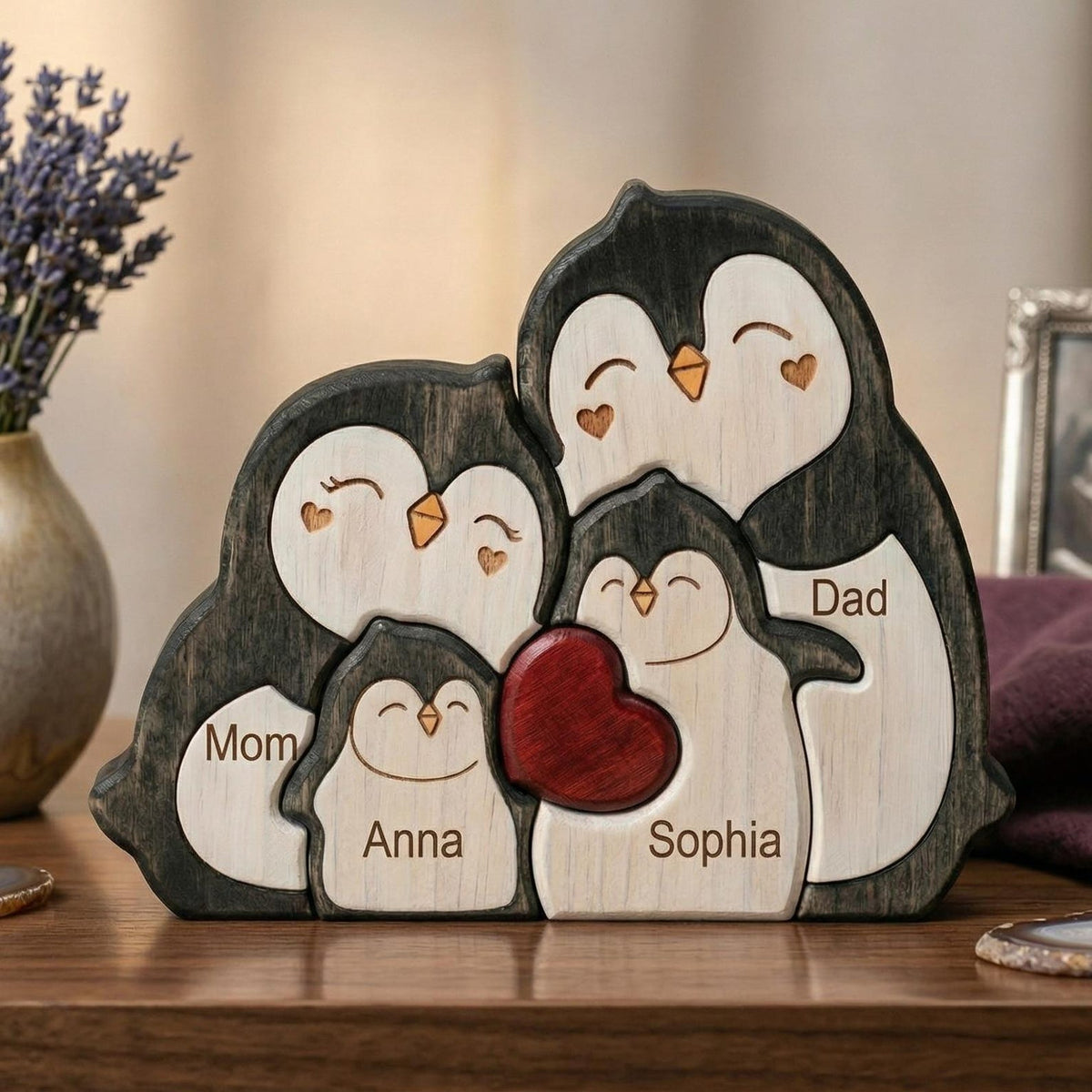 Personalized Penguin Family Wooden Puzzle, Custom Name Animal Family Decor, Mom Keepsake Gift, Mothers Day Gift, New Mom Desk Decor