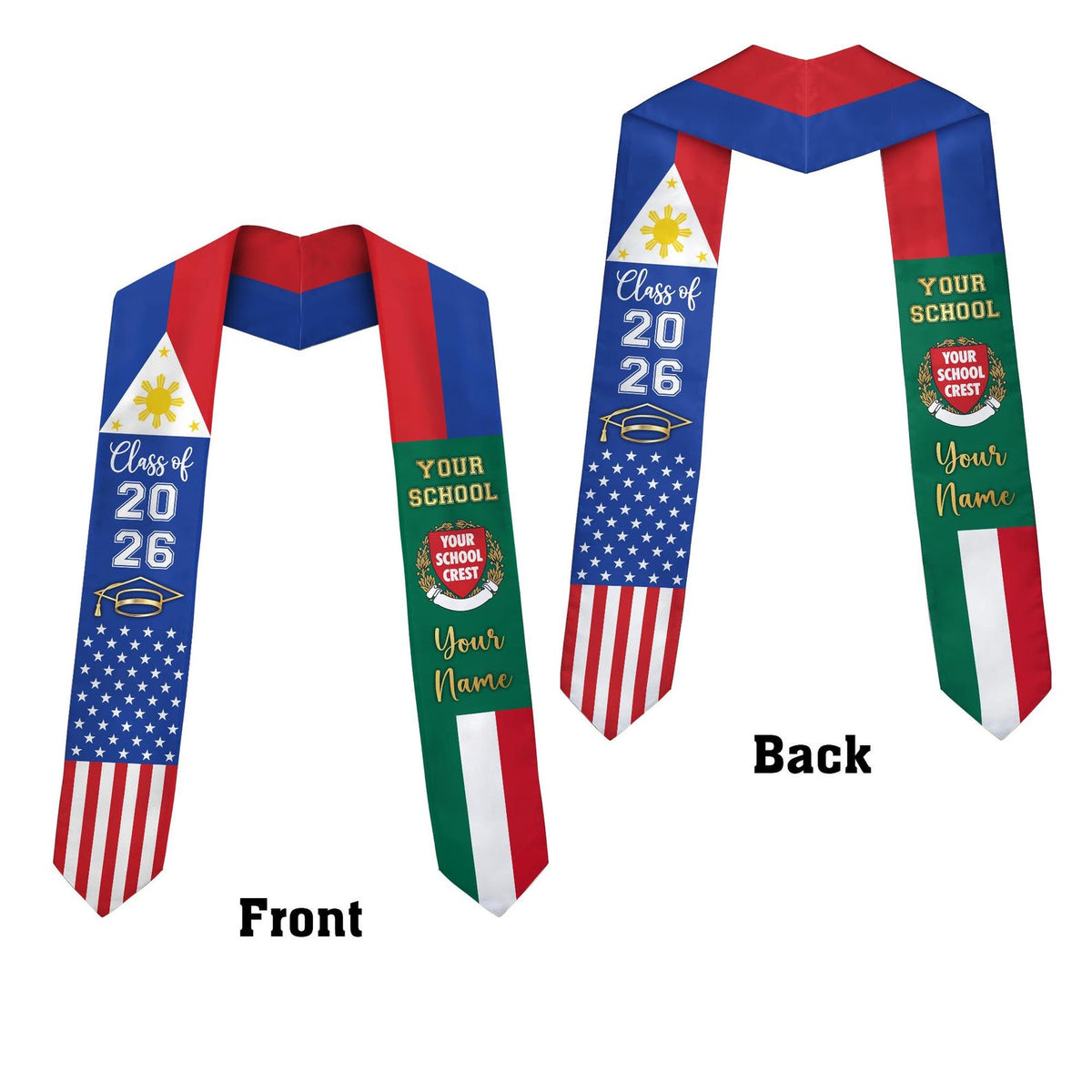 Custom Country Flag Graduation Stoles, Mixed Three Flags Grad Sash, Personalized Class of 2026 Stole, National Flags Gift for New Graduate