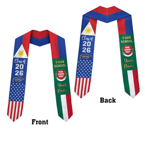 Custom Country Flag Graduation Stoles, Mixed Three Flags Grad Sash, Personalized Class of 2026 Stole, National Flags Gift for New Graduate