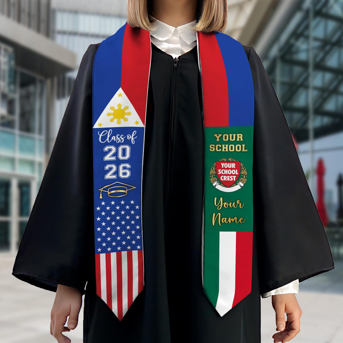 Custom Country Flag Graduation Stoles, Mixed Three Flags Grad Sash, Personalized Class of 2026 Stole, National Flags Gift for New Graduate