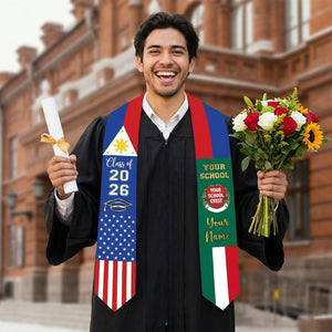 Custom Country Flag Graduation Stoles, Mixed Three Flags Grad Sash, Personalized Class of 2026 Stole, National Flags Gift for New Graduate
