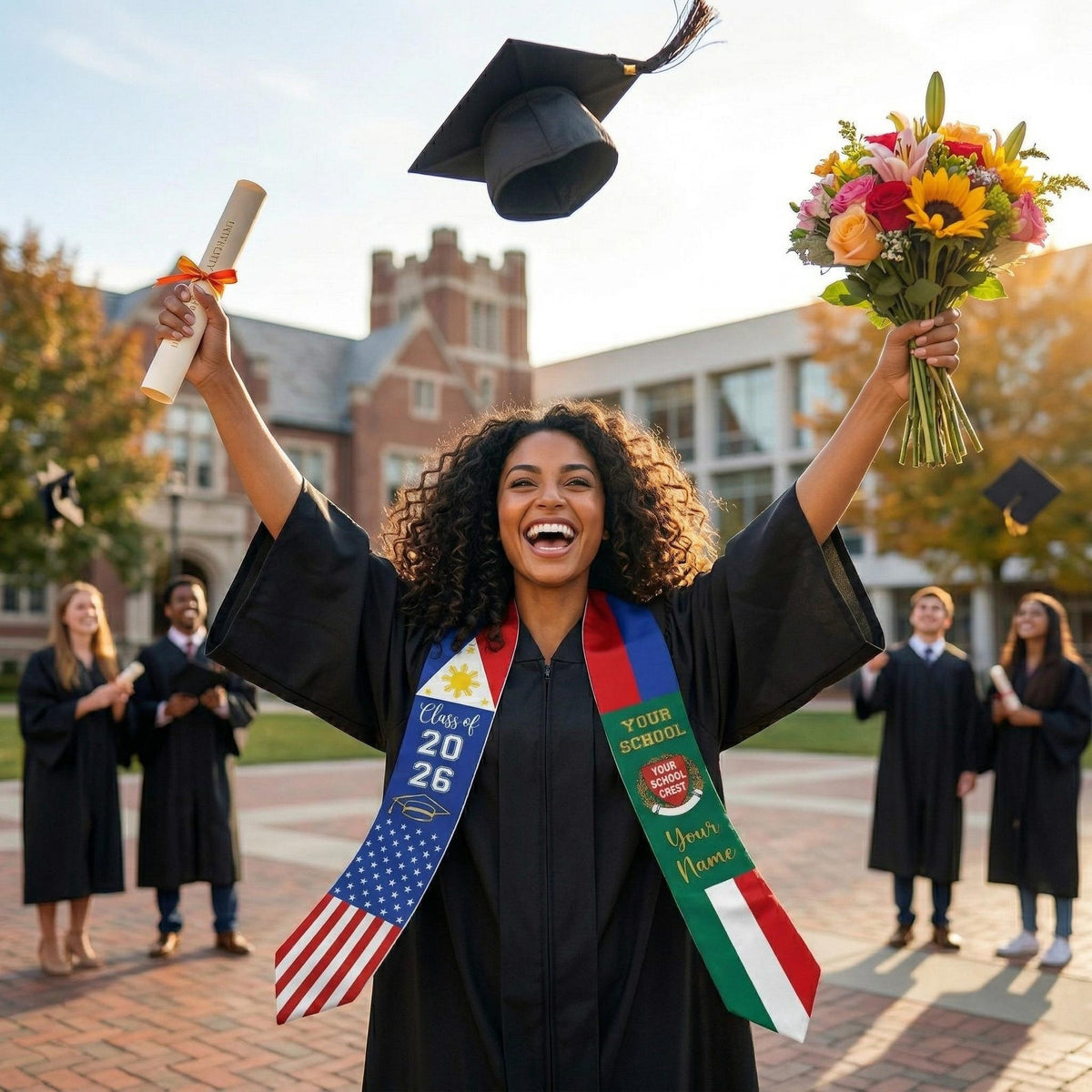 Custom Country Flag Graduation Stoles, Mixed Three Flags Grad Sash, Personalized Class of 2026 Stole, National Flags Gift for New Graduate