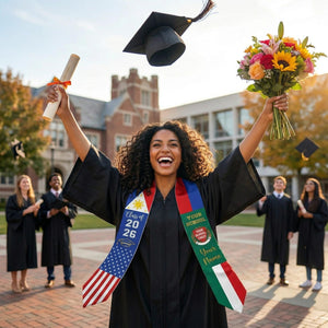 Custom Country Flag Graduation Stoles, Mixed Three Flags Grad Sash, Personalized Class of 2026 Stole, National Flags Gift for New Graduate