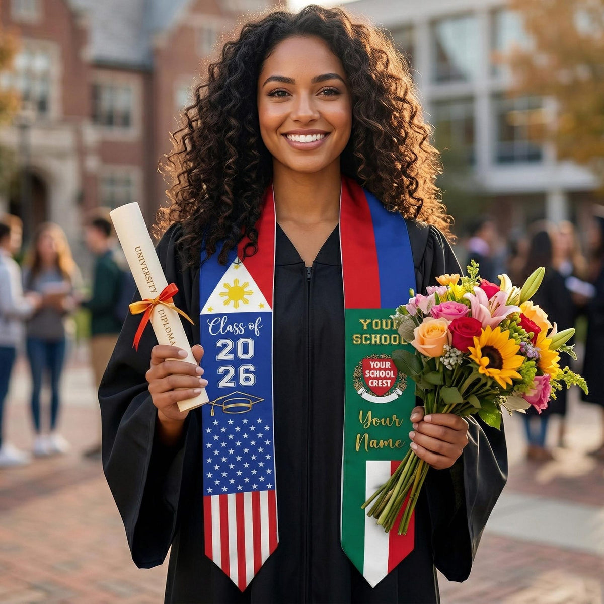 Custom Country Flag Graduation Stoles, Mixed Three Flags Grad Sash, Personalized Class of 2026 Stole, National Flags Gift for New Graduate