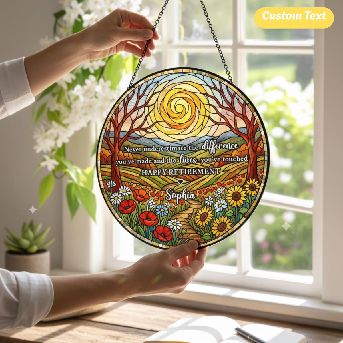 Personalized Retirement Sunflower Suncatcher, Floral Window Decor