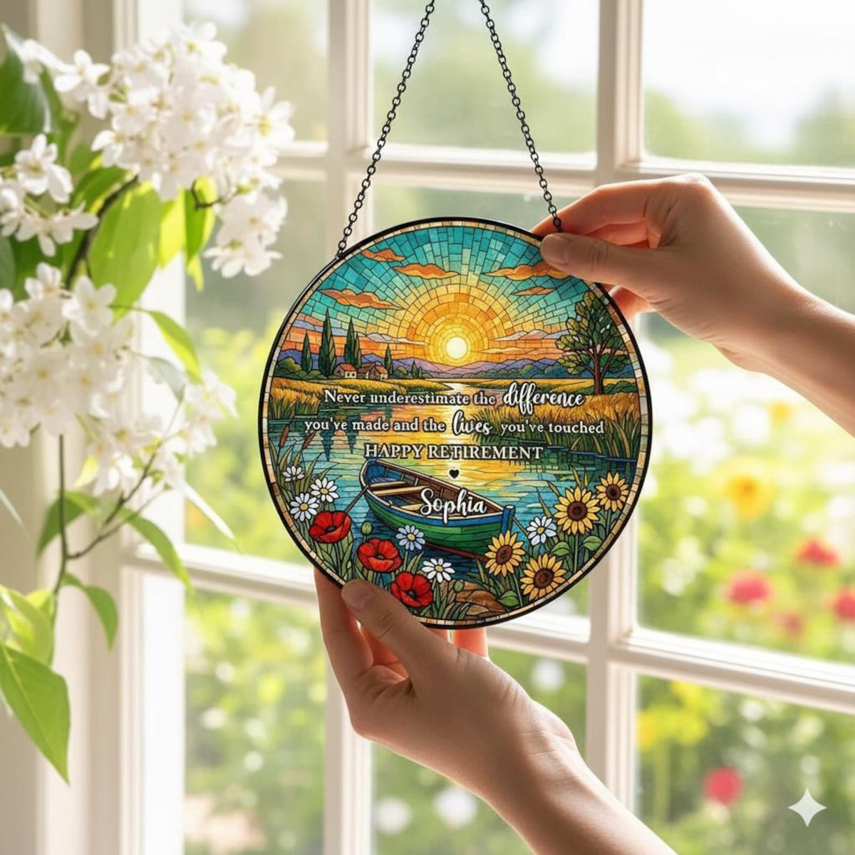 Personalized Retirement Sunflower Suncatcher, Floral Window Decor