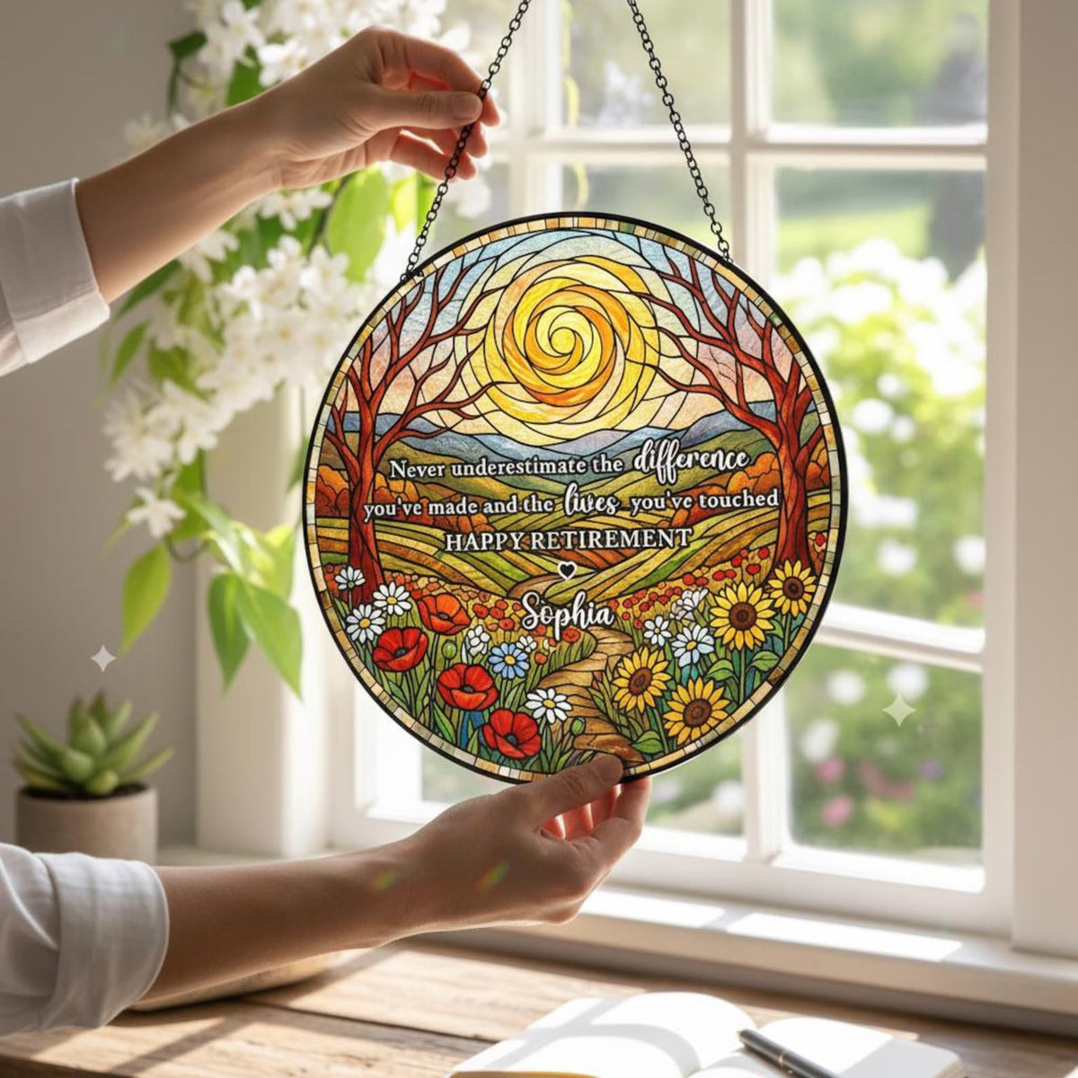 Personalized Retirement Sunflower Suncatcher, Floral Window Decor