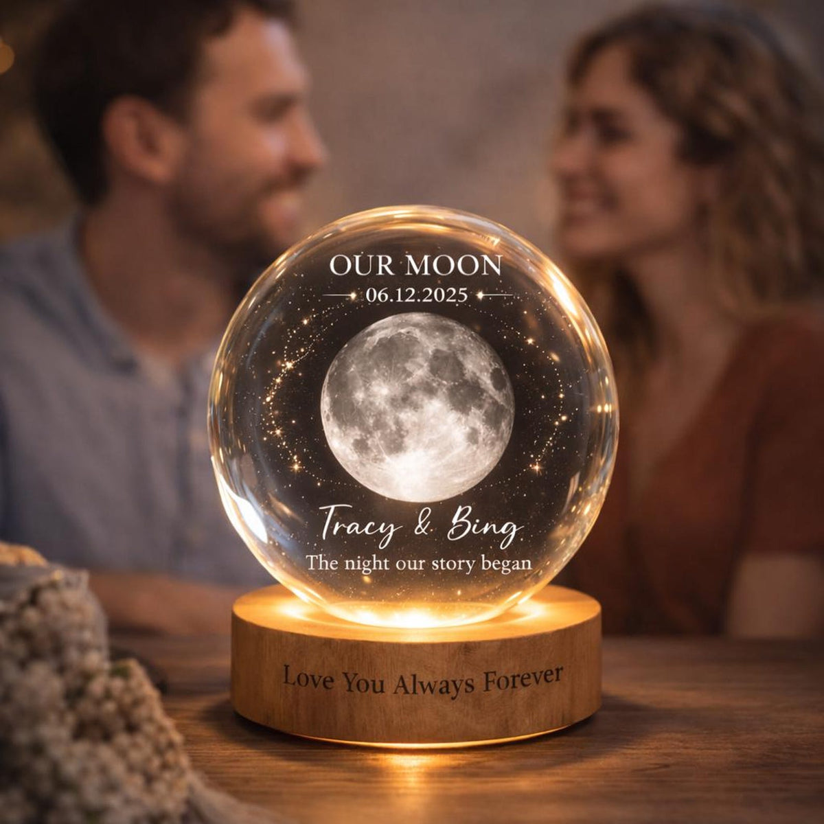 Personalized Moon Phase Crystal Ball Night Light, Our Special Day Moon Lamp, Custom Night Sky By Date Gift, Anniversary Gift For Couple