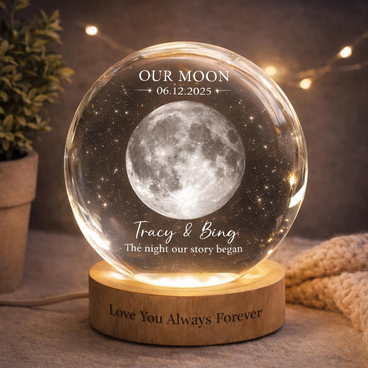 Personalized Moon Phase Crystal Ball Night Light, Our Special Day Moon Lamp, Custom Night Sky By Date Gift, Anniversary Gift For Couple