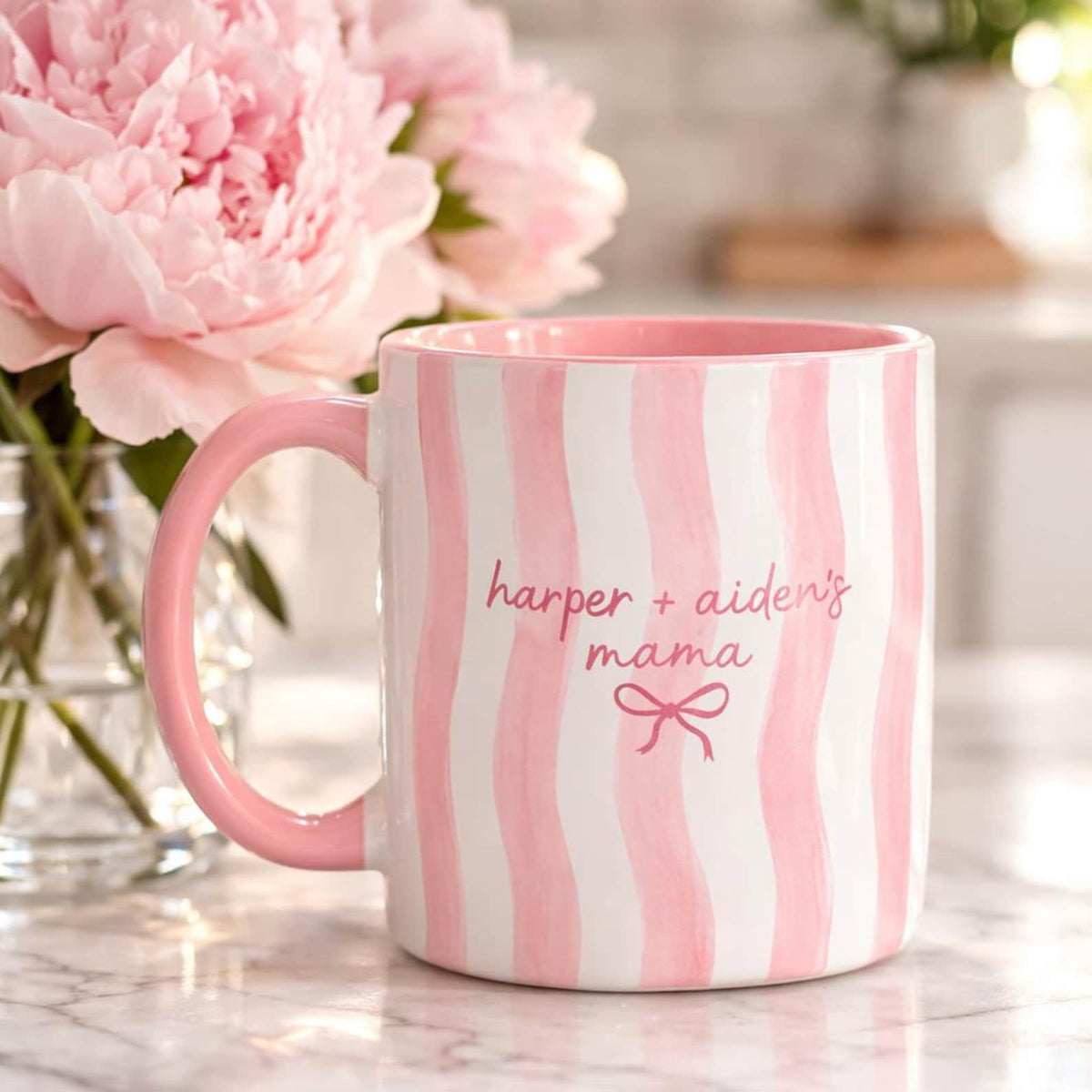 Pink Striped Mama Mug Personalized Kids Names Watercolor Bow Ceramic Coffee Cup Mothers Day