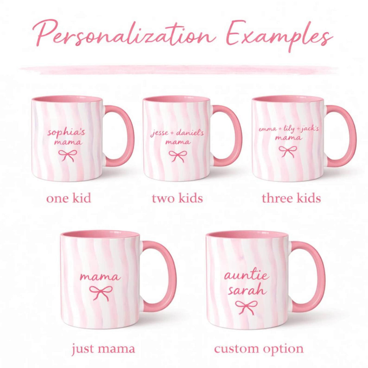 Pink Striped Mama Mug Personalized Kids Names Watercolor Bow Ceramic Coffee Cup Mothers Day