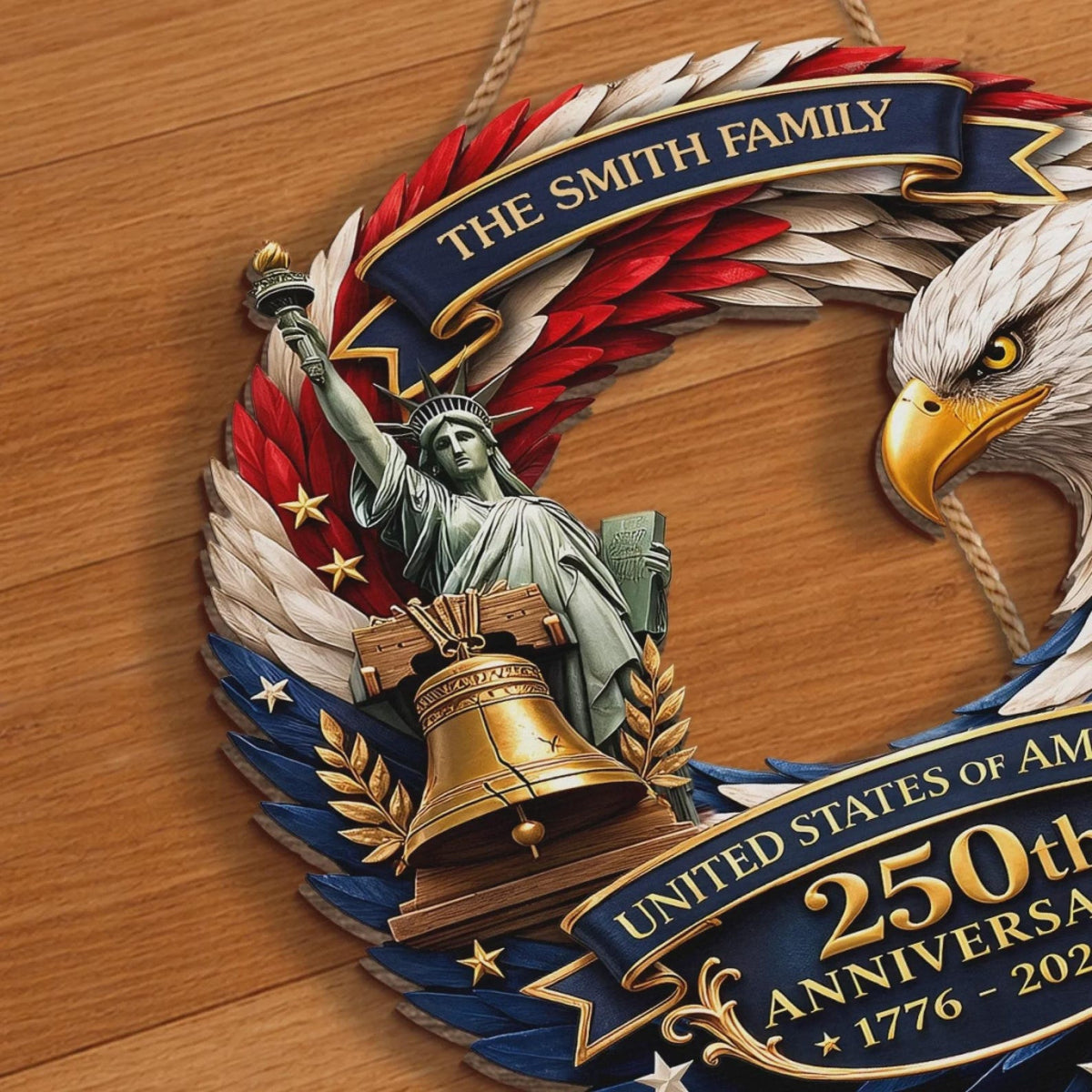 Personalized America 250th Anniversary Wood Wreath 1776-2026 Patriotic Door Sign Semiquincentennial Family Name Decor