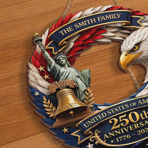 Personalized America 250th Anniversary Wood Wreath 1776-2026 Patriotic Door Sign Semiquincentennial Family Name Decor
