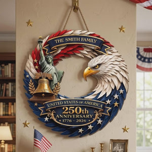 Personalized America 250th Anniversary Wood Wreath 1776-2026 Patriotic Door Sign Semiquincentennial Family Name Decor