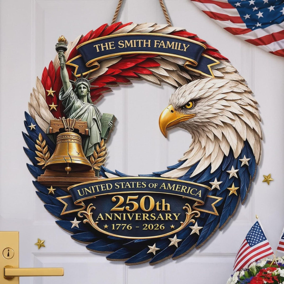 Personalized America 250th Anniversary Wood Wreath 1776-2026 Patriotic Door Sign Semiquincentennial Family Name Decor