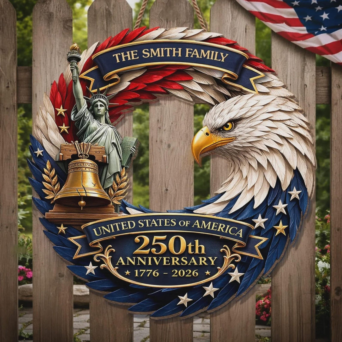 Personalized America 250th Anniversary Wood Wreath 1776-2026 Patriotic Door Sign Semiquincentennial Family Name Decor