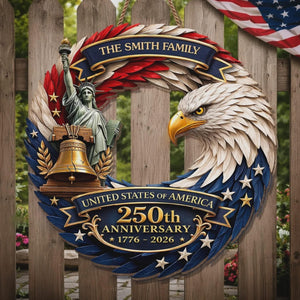 Personalized America 250th Anniversary Wood Wreath 1776-2026 Patriotic Door Sign Semiquincentennial Family Name Decor
