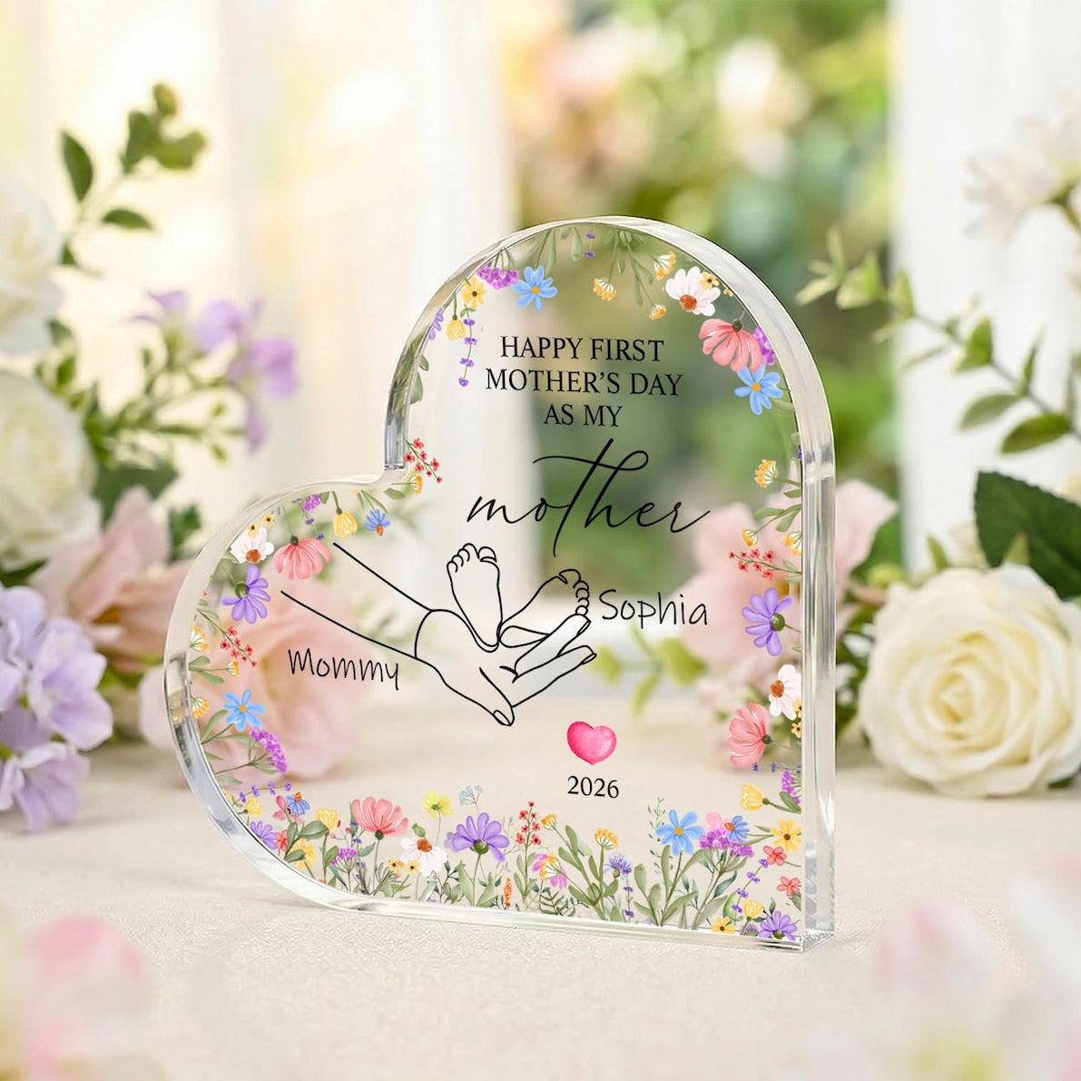 Custom Acrylic Heart Plaque, Personalized Mothers Day Gift, Floral Nursery Decor, Personalized New Mommy Gift from Daughter,
