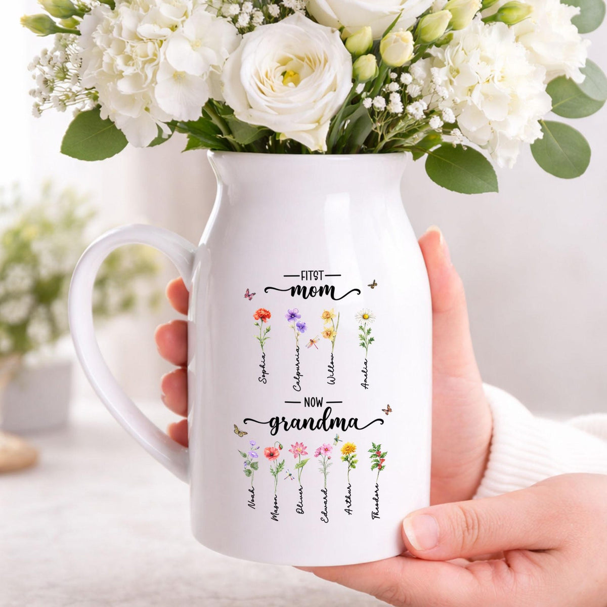 Custom First Mom Now Grandma Ceramic Flower Vase, Birth Month Flower Vase, Grandmas Garden Vase, Birthday Gift for Mom Nana,Mothers Day Gift