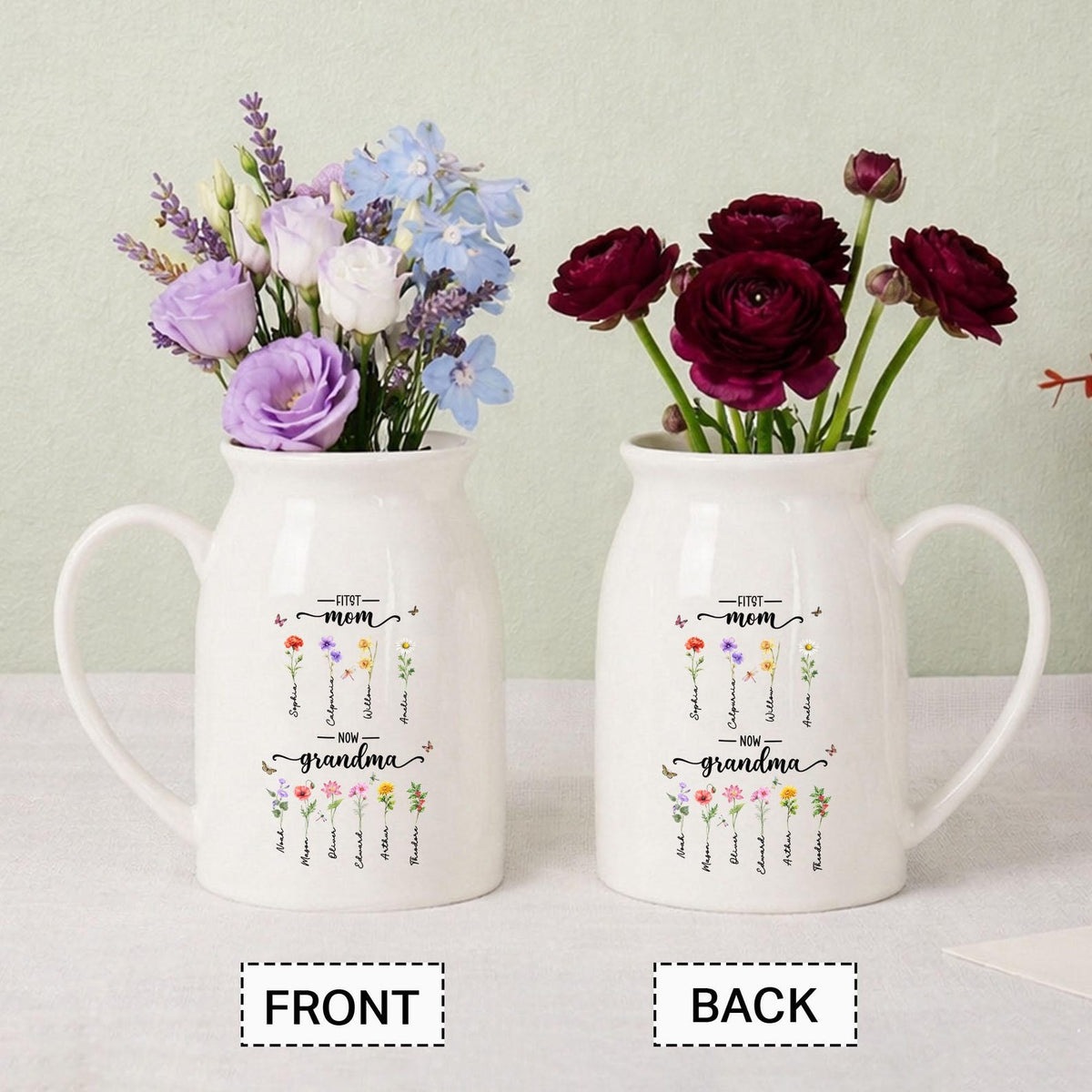 Custom First Mom Now Grandma Ceramic Flower Vase, Birth Month Flower Vase, Grandmas Garden Vase, Birthday Gift for Mom Nana,Mothers Day Gift