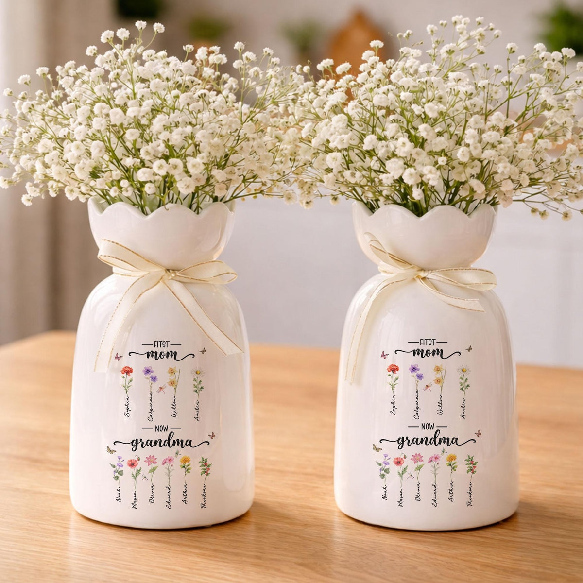 Custom First Mom Now Grandma Ceramic Flower Vase, Birth Month Flower Vase, Grandmas Garden Vase, Birthday Gift for Mom Nana,Mothers Day Gift