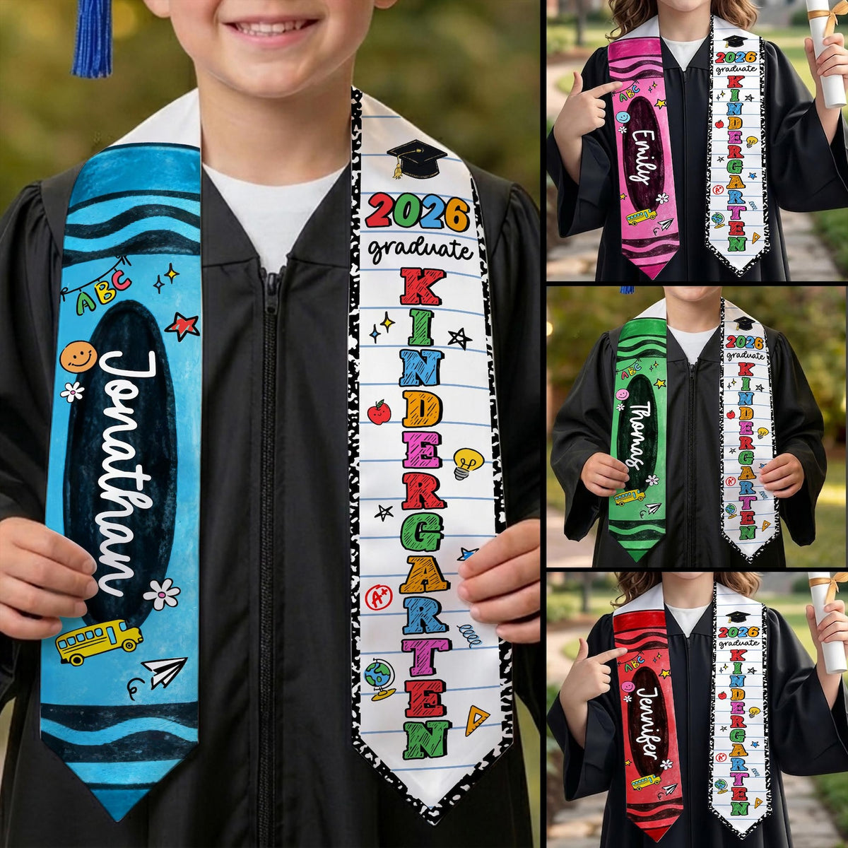 Personalized Kid Graduation Stole, Custom Crayon Kindergarten Grad Stole, Class Of 2026 Sash, Custom Graduation Gift for Daughter Son
