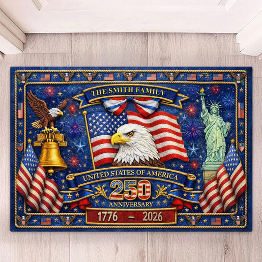 Personalized USA 250th Anniversary Doormat, Custom Family Name Patriotic Welcome Mat