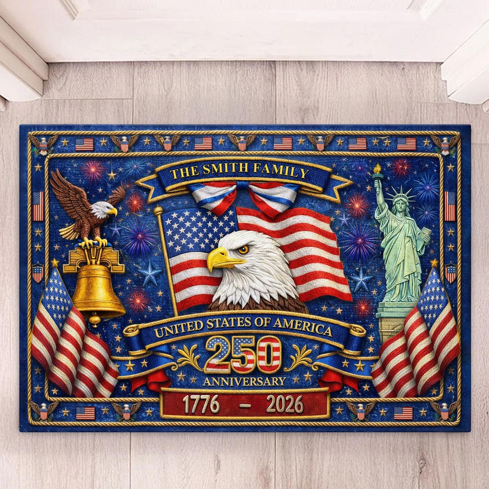 Personalized USA 250th Anniversary Doormat, Custom Family Name Patriotic Welcome Mat