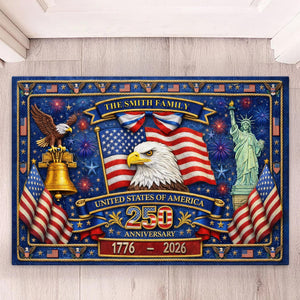 Personalized USA 250th Anniversary Doormat, Custom Family Name Patriotic Welcome Mat