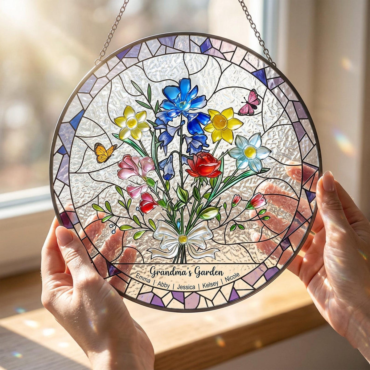 Personalized Birth Flower Stained Glass Suncatcher , Family Bouquet Window Hanging, Mothers Day Gift for Mom or Grandma
