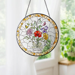 Personalized Birth Flower Stained Glass Suncatcher , Family Bouquet Window Hanging, Mothers Day Gift for Mom or Grandma
