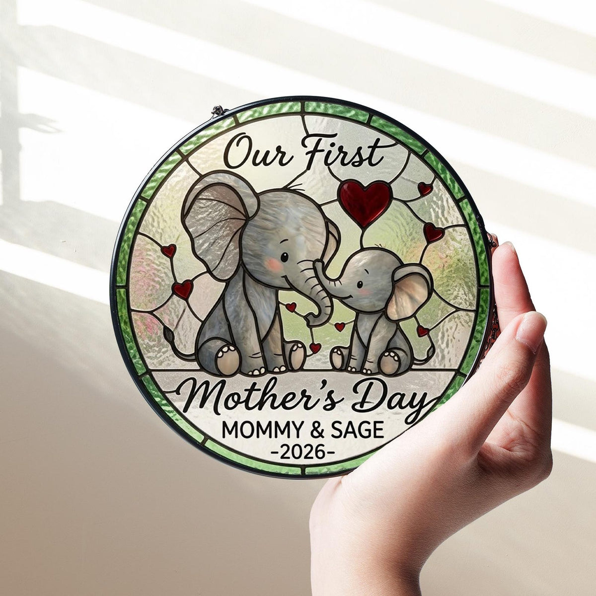 Personalized First Mother's Day Elephant Stained Glass Suncatcher, Custom Name Window Hanging Art Keepsake, Mother's Day Gift For Her