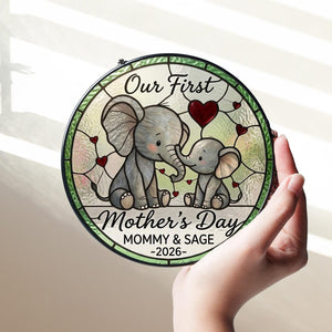 Personalized First Mother's Day Elephant Stained Glass Suncatcher, Custom Name Window Hanging Art Keepsake, Mother's Day Gift For Her