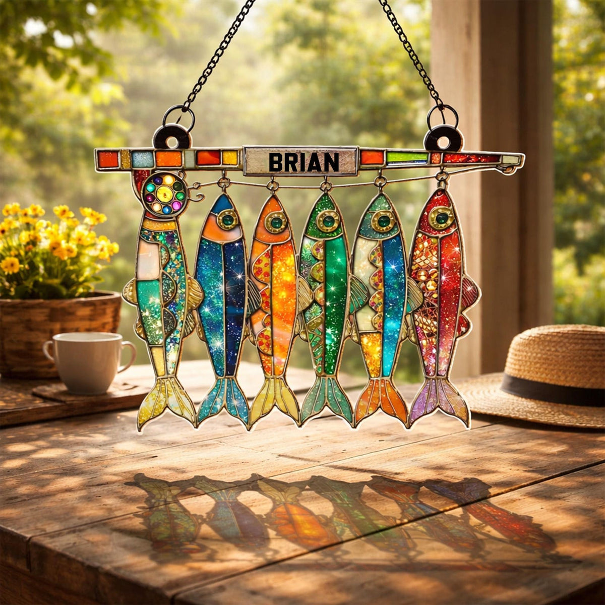 Personalized Fish Suncatcher Custom Name Fishing Sign Faux Stained Glass Window Hanging Decor Fisherman Gift for Dad Grandpa Acrylic Suncatcher For Fishing Loves