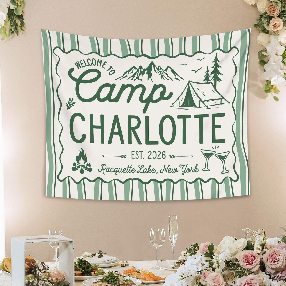 Custom Camp Bachelorette Bride Camp Banner Tapestry, Outdoor Bach Party Decor Bridal Camping Trip Photo Backdrop Cabin Bachelorette Idea