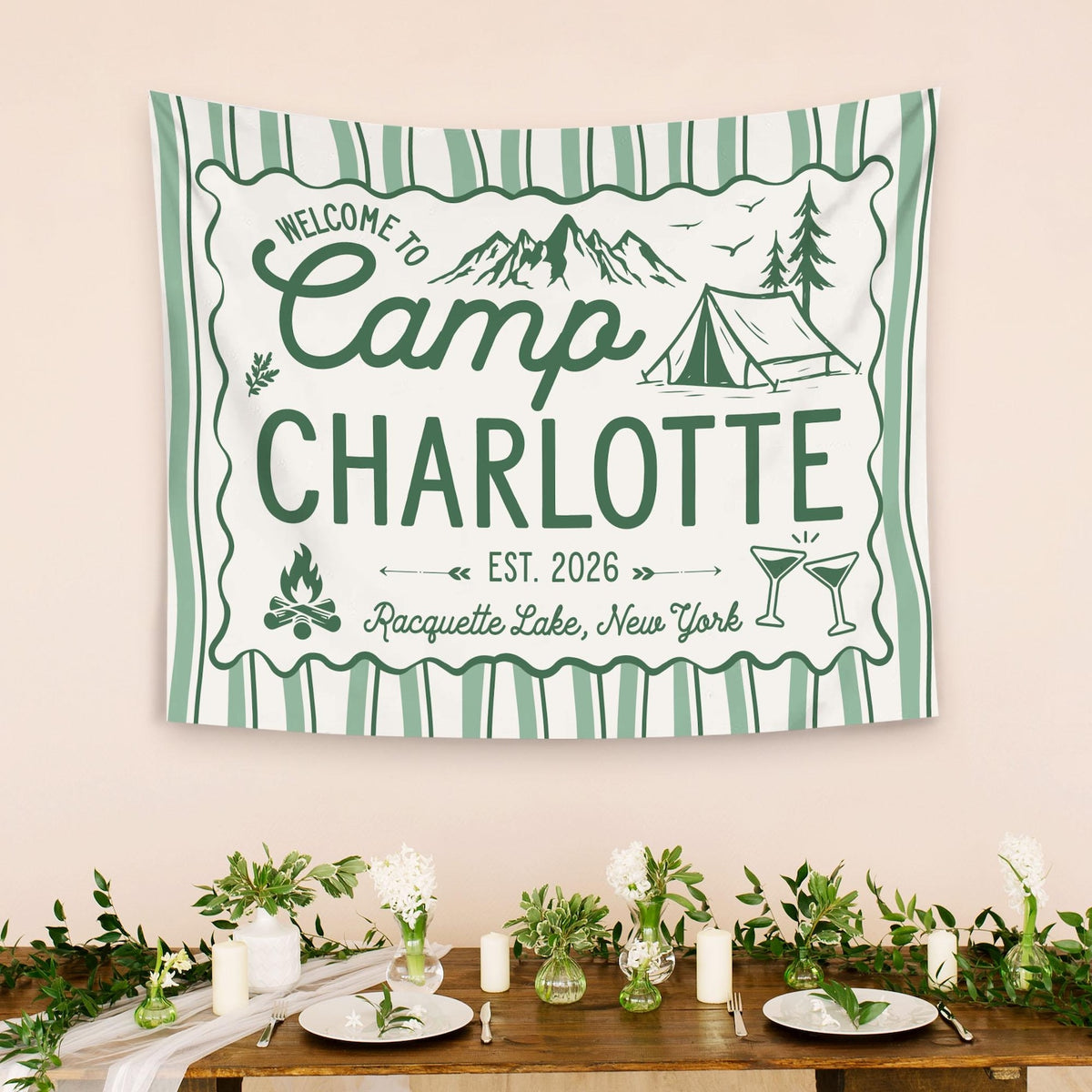 Custom Camp Bachelorette Bride Camp Banner Tapestry, Outdoor Bach Party Decor Bridal Camping Trip Photo Backdrop Cabin Bachelorette Idea