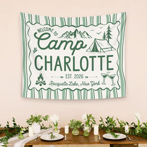 Custom Camp Bachelorette Bride Camp Banner Tapestry, Outdoor Bach Party Decor Bridal Camping Trip Photo Backdrop Cabin Bachelorette Idea