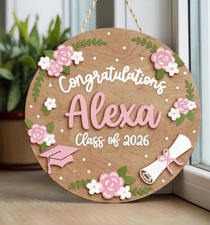 Personalized Graduation Wood Sign, Custom Name Class of 2026 Decor, Congrats Graduate Gift, Floral Wooden Door Hanger, Graduation Party Sign