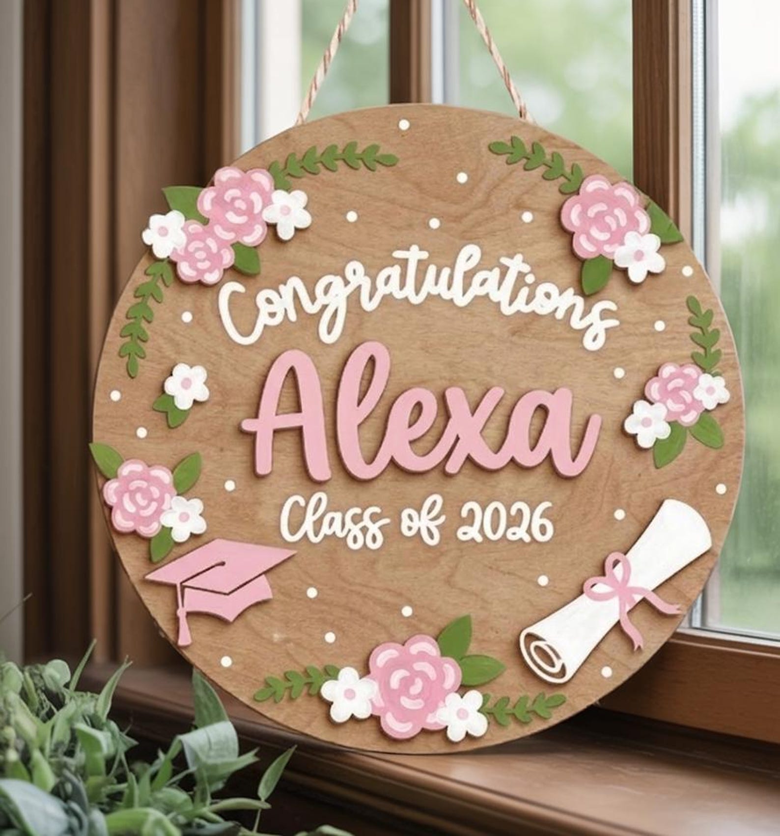 Personalized Graduation Wood Sign, Custom Name Class of 2026 Decor, Congrats Graduate Gift, Floral Wooden Door Hanger, Graduation Party Sign