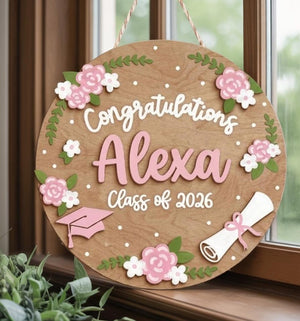 Personalized Graduation Wood Sign, Custom Name Class of 2026 Decor, Congrats Graduate Gift, Floral Wooden Door Hanger, Graduation Party Sign