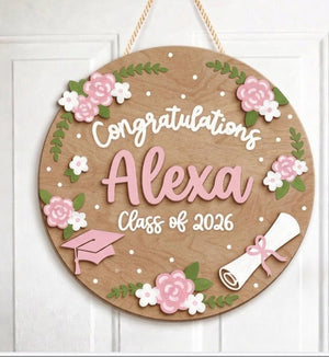 Personalized Graduation Wood Sign, Custom Name Class of 2026 Decor, Congrats Graduate Gift, Floral Wooden Door Hanger, Graduation Party Sign