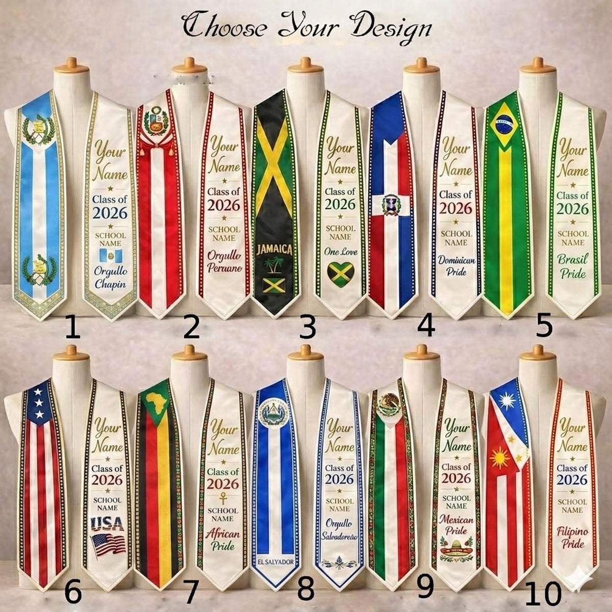Custom Flag Graduation Stole Class of 2026, Personalized Country Heritage Sash, Mexico Brazil USA Africa Philippine Pride, Grad Gift