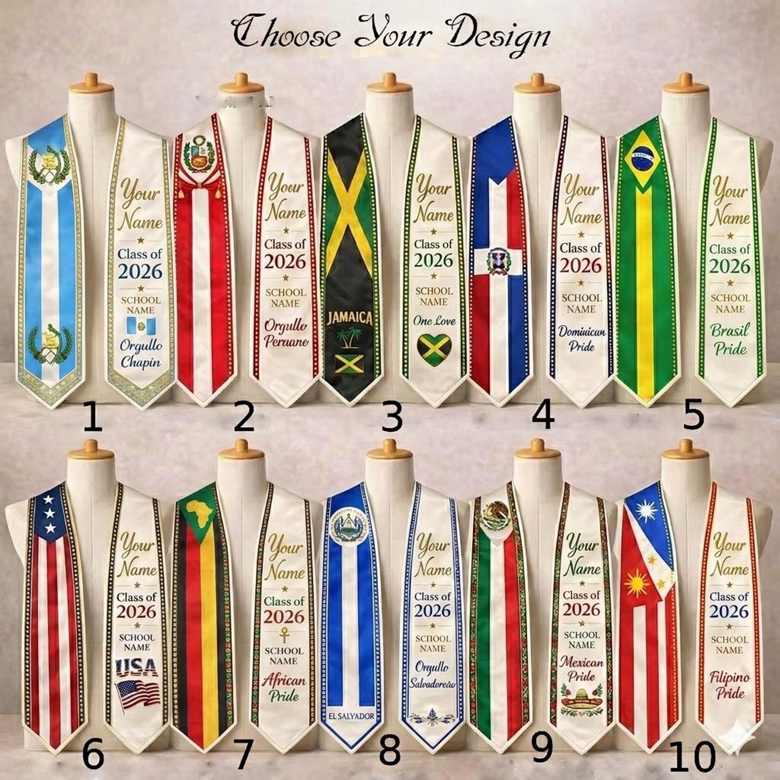 Custom Flag Graduation Stole Class of 2026, Personalized Country Heritage Sash, Mexico Brazil USA Africa Philippine Pride, Grad Gift